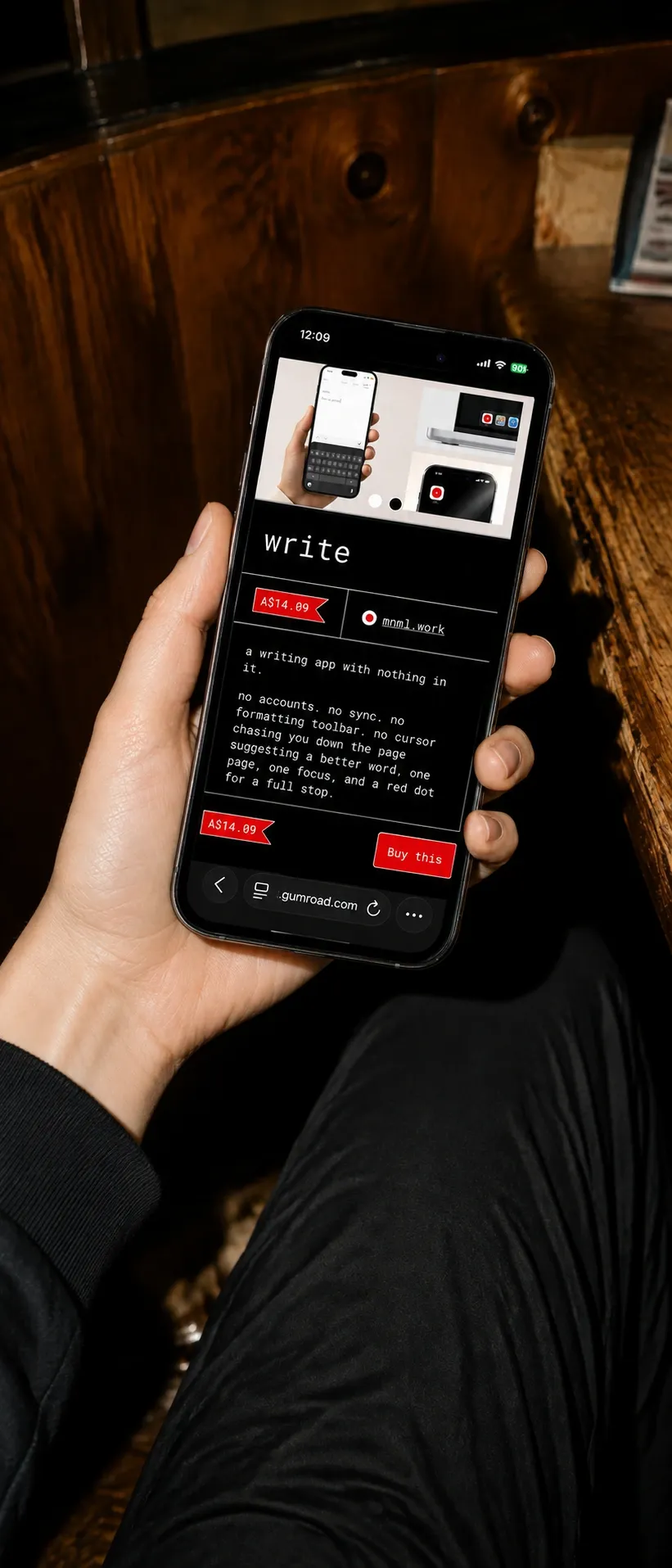 The write storefront open on a phone, held in one hand.