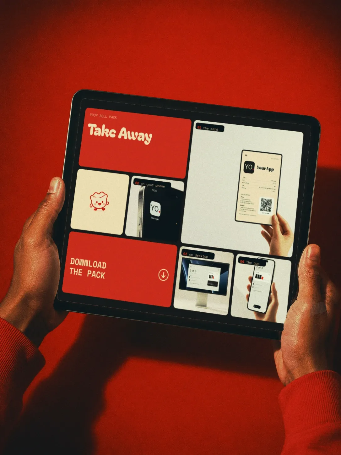 An iPad showing the takeaway sell pack: a print-ready card beside the product images.